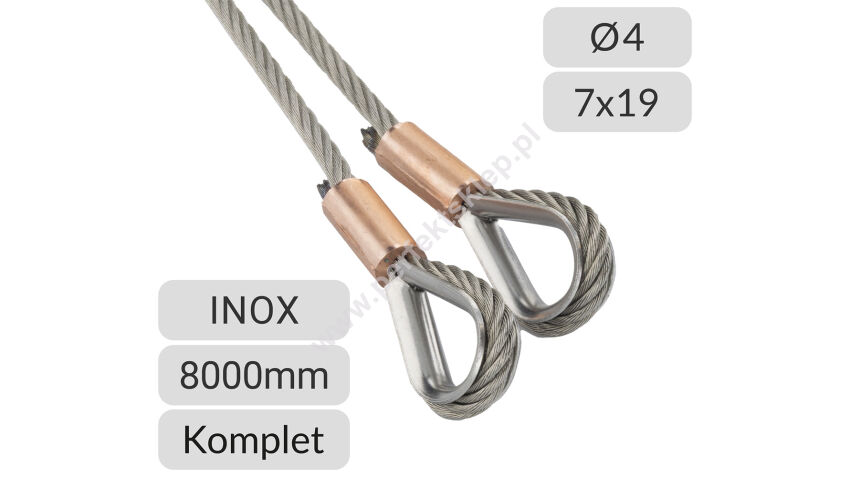 Komplet lin stalowych nierdzewnych 4mm L=8000mm zakończonych kauszą nr kat. INOX-K-4-7x19-8