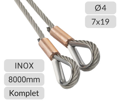 Komplet lin stalowych nierdzewnych 4mm L=8000mm zakończonych kauszą nr kat. INOX-K-4-7x19-8