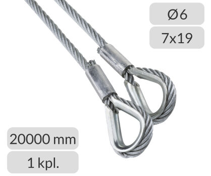 Komplet lin stalowych ocynkowanych 6mm L=20000mm zakończonych kauszą nr kat. K-6-7x19-20