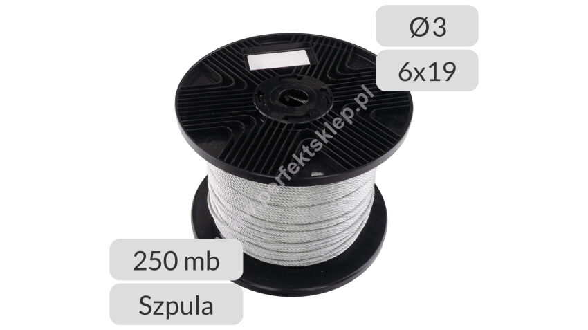 Lina stalowa ocynkowana średnica 3mm splot 6x19-FC szpula 250 mb. nr kat. SZ-3-6x19-250