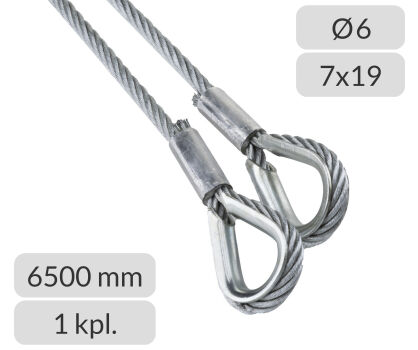 Komplet lin stalowych ocynkowanych 6mm L=6500mm zakończonych kauszą nr kat. K-6-7x19-6,5