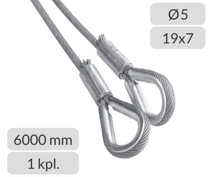 Komplet lin stalowych ocynkowanych 5mm L=6000mm zakończonych kauszą nr kat. K-5-19x7-6