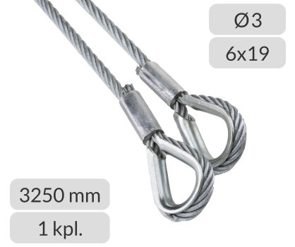 Komplet lin stalowych ocynkowanych 3mm L=3250mm zakończonych kauszą nr kat. K-3-6x19-3,25