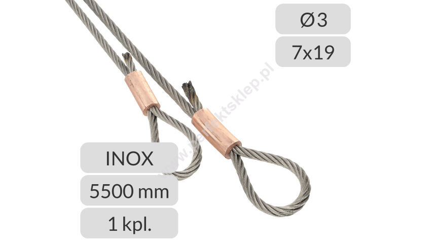 Komplet lin stalowych nierdzewnych 3mm L=5500mm zakończonych oczkiem nr kat. INOX-O-3-7x19-5,5