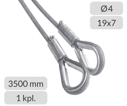 Komplet lin stalowych ocynkowanych 4mm L=3500mm zakończonych kauszą nr kat. K-4-19x7-3,5