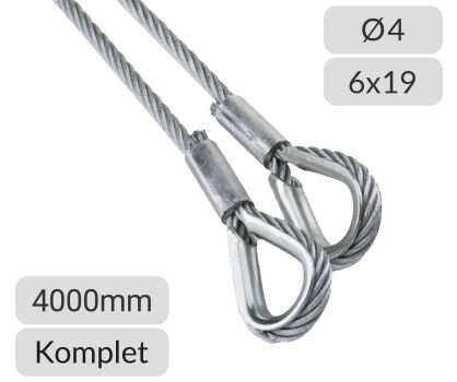 Komplet lin stalowych ocynkowanych 4mm L=4000mm zakończonych kauszą nr kat. K-4-6x19-4