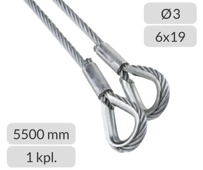 Komplet lin stalowych ocynkowanych 3mm L=5500mm zakończonych kauszą nr kat. K-3-6x19-5,5