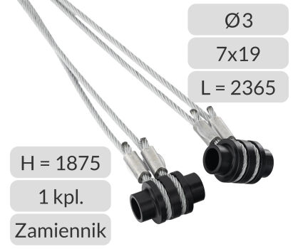 Liny stalowe 3mm L=2365mm z mocowaniem do bramy garażowej Hormann H=1875mm zamiennik nr kat. TG-3-7x19-2365