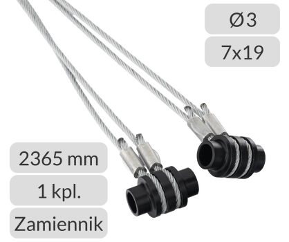 Liny stalowe 3mm L=2365mm z mocowaniem do bramy garażowej Hormann H=1875mm zamiennik nr kat. TG-3-7x19-2365