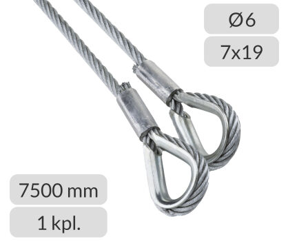Komplet lin stalowych ocynkowanych 6mm L=7500mm zakończonych kauszą nr kat. K-6-7x19-7,5