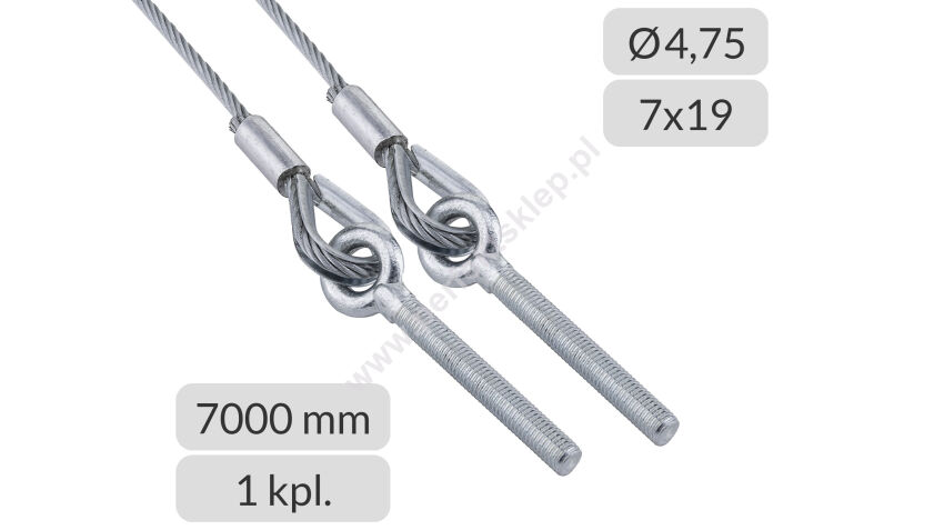 Liny stalowe ocynkowane 4,75mm L=7000mm typ M10 zestaw do bramy Novoferm Alpha Deuren nr kat. K475L07000
