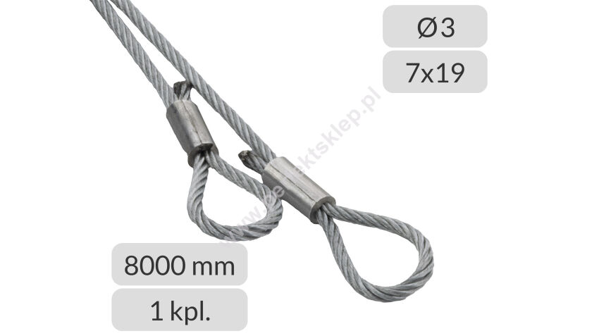 Komplet lin stalowych ocynkowanych 3mm L=8000mm zakończonych oczkiem nr kat. O-3-7x19-8