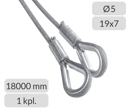 Komplet lin stalowych ocynkowanych 5mm L=18000mm zakończonych kauszą nr kat. K-5-19x7-18
