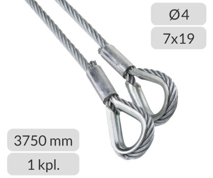 Komplet lin stalowych ocynkowanych 4mm L=3750mm zakończonych kauszą nr kat. K-4-7x19-3,75