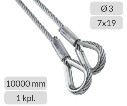 Komplet lin stalowych ocynkowanych 3mm L=10000mm zakończonych kauszą nr kat. K-3-7x19-10