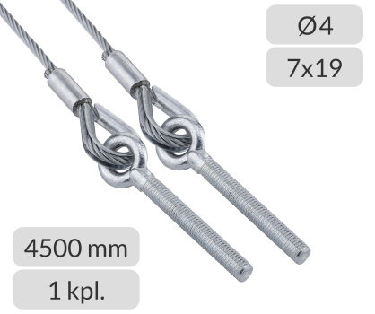 Zestaw lin stalowych ocynkowanych 4mm L=4500mm typ M10 nr kat. OM10-4-7x19-4,5