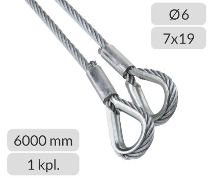 Komplet lin stalowych ocynkowanych 6mm L=6000mm zakończonych kauszą nr kat. K-6-7x19-6
