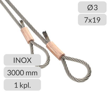 Komplet lin stalowych nierdzewnych 3mm L=3000mm zakończonych oczkiem nr kat. INOX-O-3-7x19-3