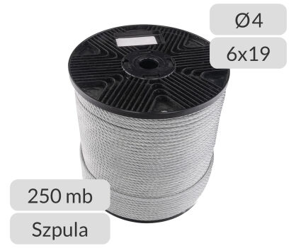 Lina stalowa ocynkowana średnica 4mm splot 6x19-FC szpula 250 mb.