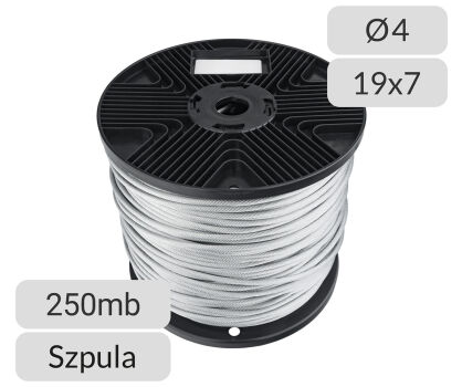 Lina stalowa ocynkowana 4mm splot 19x7 szpula 250mb nr kat. 4-19x7-250