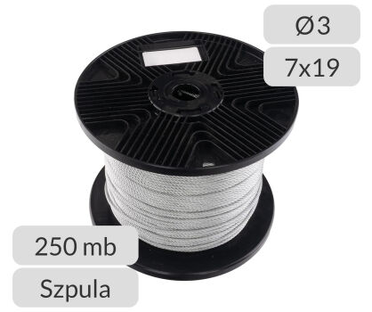 Lina stalowa ocynkowana średnica 3mm splot 7x19-WSC szpula 250 mb.