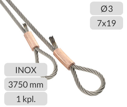 Komplet lin stalowych nierdzewnych 3mm L=3750mm zakończonych oczkiem nr kat. INOX-O-3-7x19-3,75