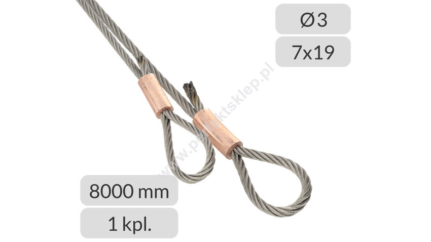 Komplet lin stalowych nierdzewnych 3mm L=8000mm zakończonych oczkiem nr kat. INOX-O-3-7x19-8
