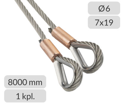 Komplet lin stalowych nierdzewnych 6mm L=8000mm zakończonych kauszą nr kat. INOX-K-6-7x19-8