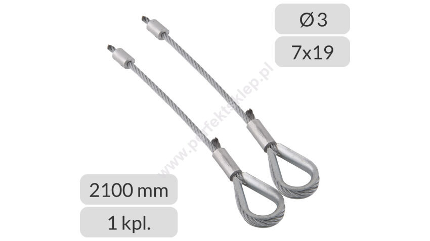 Komplet lin stalowych ocynkowanych 3mm L=2100mm zakończonych kauszą i stoperem nr kat. K+S-3-7x19-2100