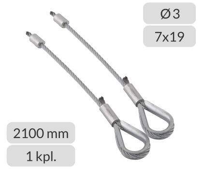 Komplet lin stalowych ocynkowanych 3mm L=2100mm zakończonych kauszą i stoperem nr kat. K+S-3-7x19-2100