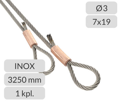 Komplet lin stalowych nierdzewnych 3mm L=3250mm zakończonych oczkiem nr kat. INOX-O-3-7x19-3,25