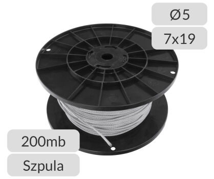 Lina stalowa ocynkowana średnica 5mm splot 7x19-WSC szpula 200 mb.
