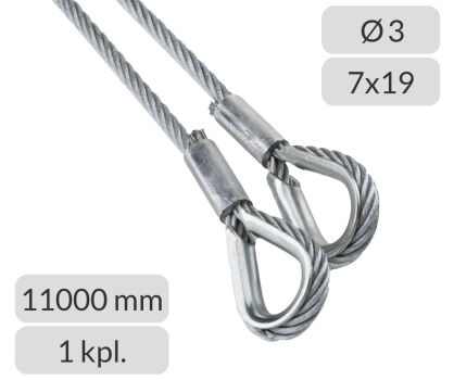 Komplet lin stalowych ocynkowanych 3mm L=11000mm zakończonych kauszą nr kat. K-3-7x19-11