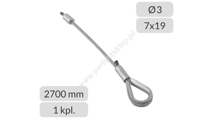Komplet lin stalowych ocynkowanych 3mm L=2700mm zakończonych kauszą i stoperem nr kat. K+S-3-7x19-2700