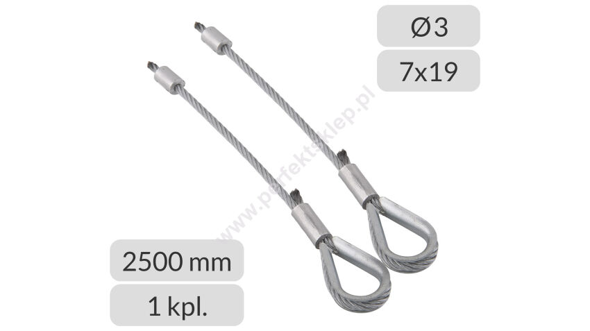 Komplet lin stalowych ocynkowanych 3mm L=2500mm zakończonych kauszą i stoperem nr kat. K+S-3-7x19-2500
