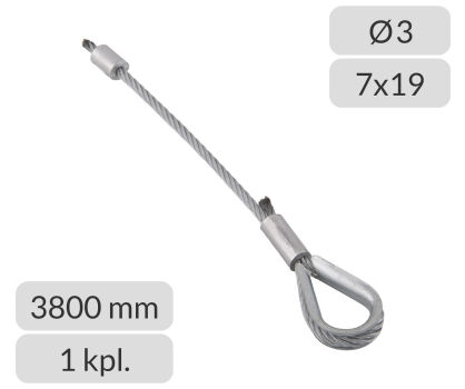 Komplet lin stalowych ocynkowanych 3mm L=3800mm zakończonych kauszą i stoperem nr kat. K+S-3-7x19-3800