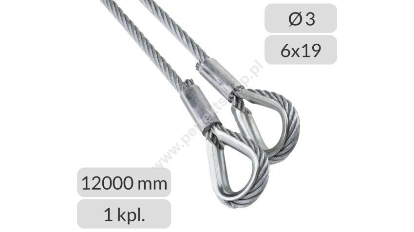 Komplet lin stalowych ocynkowanych 3mm L=12000mm zakończonych kauszą nr kat. K-3-6x19-12