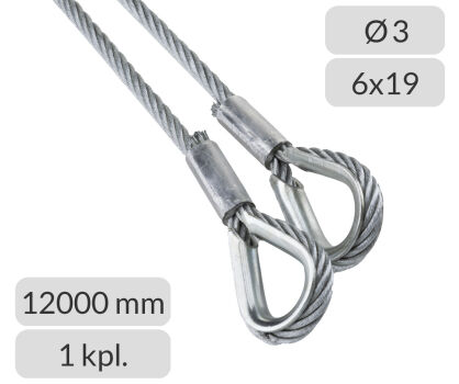 Komplet lin stalowych ocynkowanych 3mm L=12000mm zakończonych kauszą nr kat. K-3-6x19-12