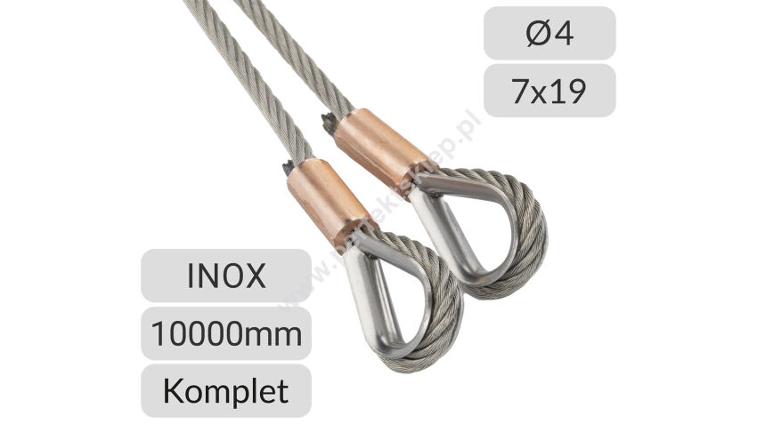 Komplet lin stalowych nierdzewnych 4mm L=10000mm zakończonych kauszą nr kat. INOX-K-4-7x19-10