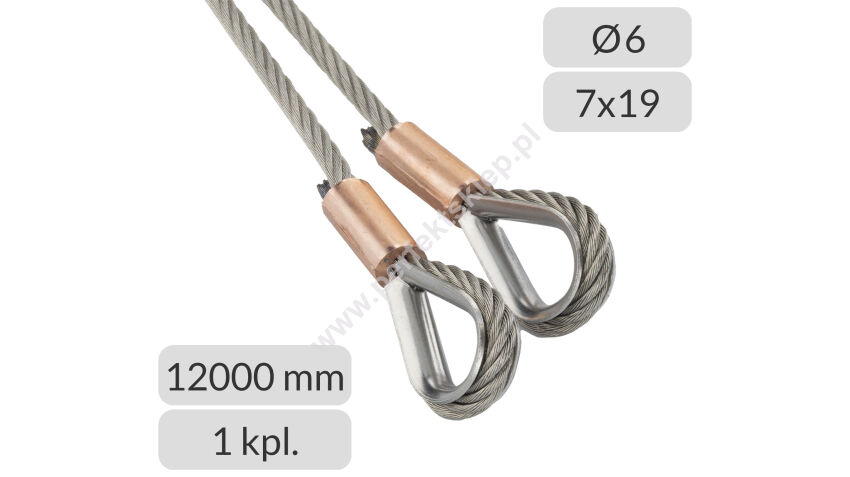 Komplet lin stalowych nierdzewnych 6mm L=12000mm zakończonych kauszą nr kat. INOX-K-6-7x19-12