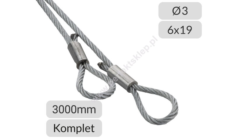 Komplet lin stalowych ocynkowanych 3mm L=3000mm zakończonych oczkiem nr kat. O-3-6x19-3