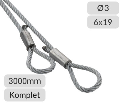 Komplet lin stalowych ocynkowanych 3mm L=3000mm zakończonych oczkiem nr kat. O-3-6x19-3
