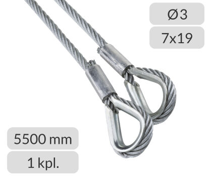 Komplet lin stalowych ocynkowanych 3mm L=5500mm zakończonych kauszą nr kat. K-3-7x19-5,5