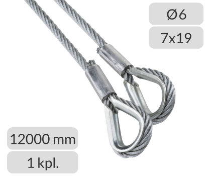 Komplet lin stalowych ocynkowanych 6mm L=12000mm zakończonych kauszą nr kat. K-6-7x19-12