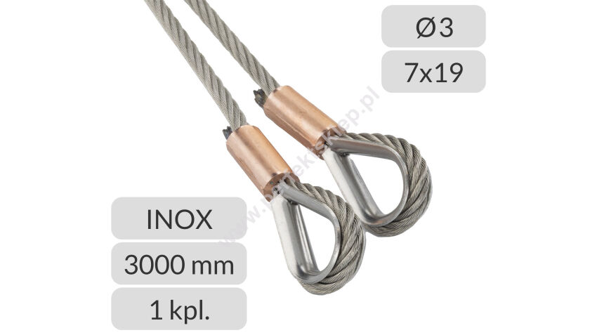 Komplet lin stalowych nierdzewnych 3mm L=3000mm zakończonych kauszą nr kat. INOX-K-3-7x19-3