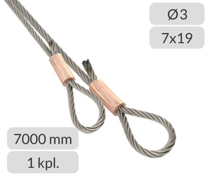 Komplet lin stalowych nierdzewnych 3mm L=7000mm zakończonych oczkiem nr kat. INOX-O-3-7x19-7