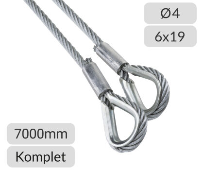 Komplet lin stalowych ocynkowanych 4mm L=7000mm zakończonych kauszą nr kat. K-4-6x19-7