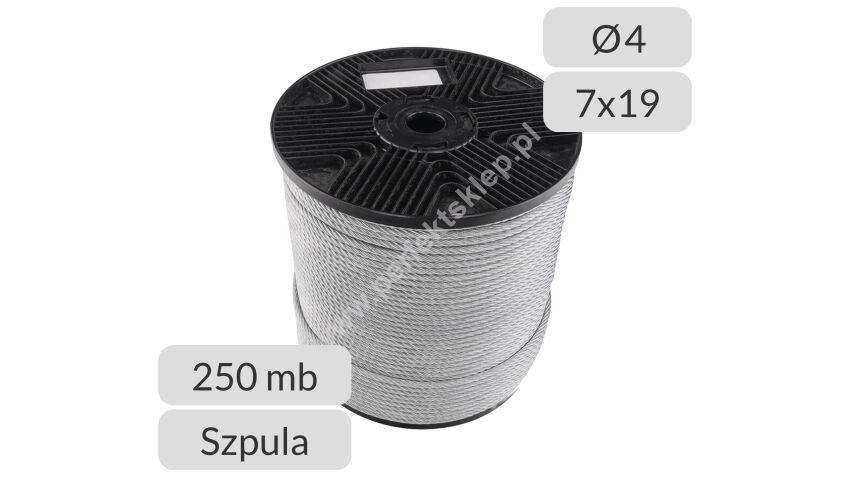 Lina stalowa ocynkowana średnica 4mm splot 7x19-WSC szpula 250 mb. nr kat. SZ-4-7x19-250