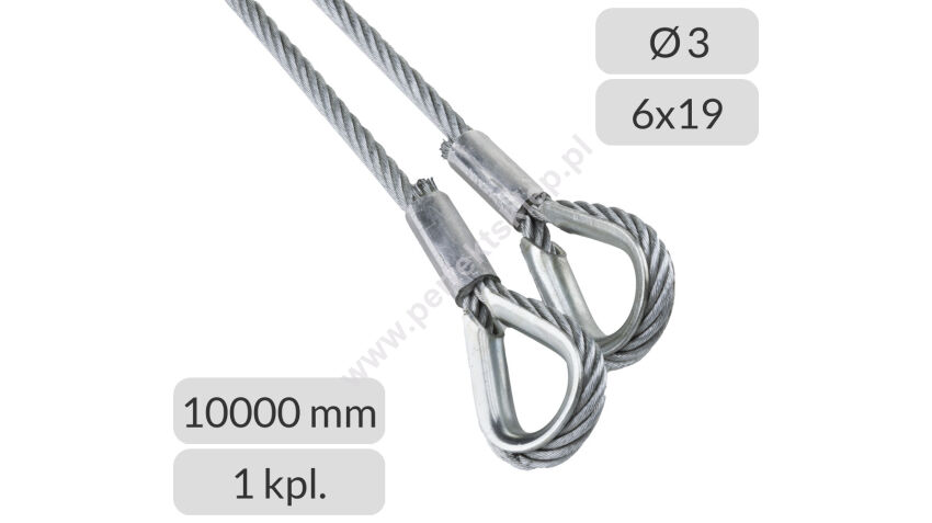 Komplet lin stalowych ocynkowanych 3mm L=10000mm zakończonych kauszą nr kat. K-3-6x19-10