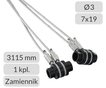 Liny stalowe 3mm L=3115mm z mocowaniem do bramy garażowej Hormann H=2625mm zamiennik nr kat. TG-3-7x19-3115